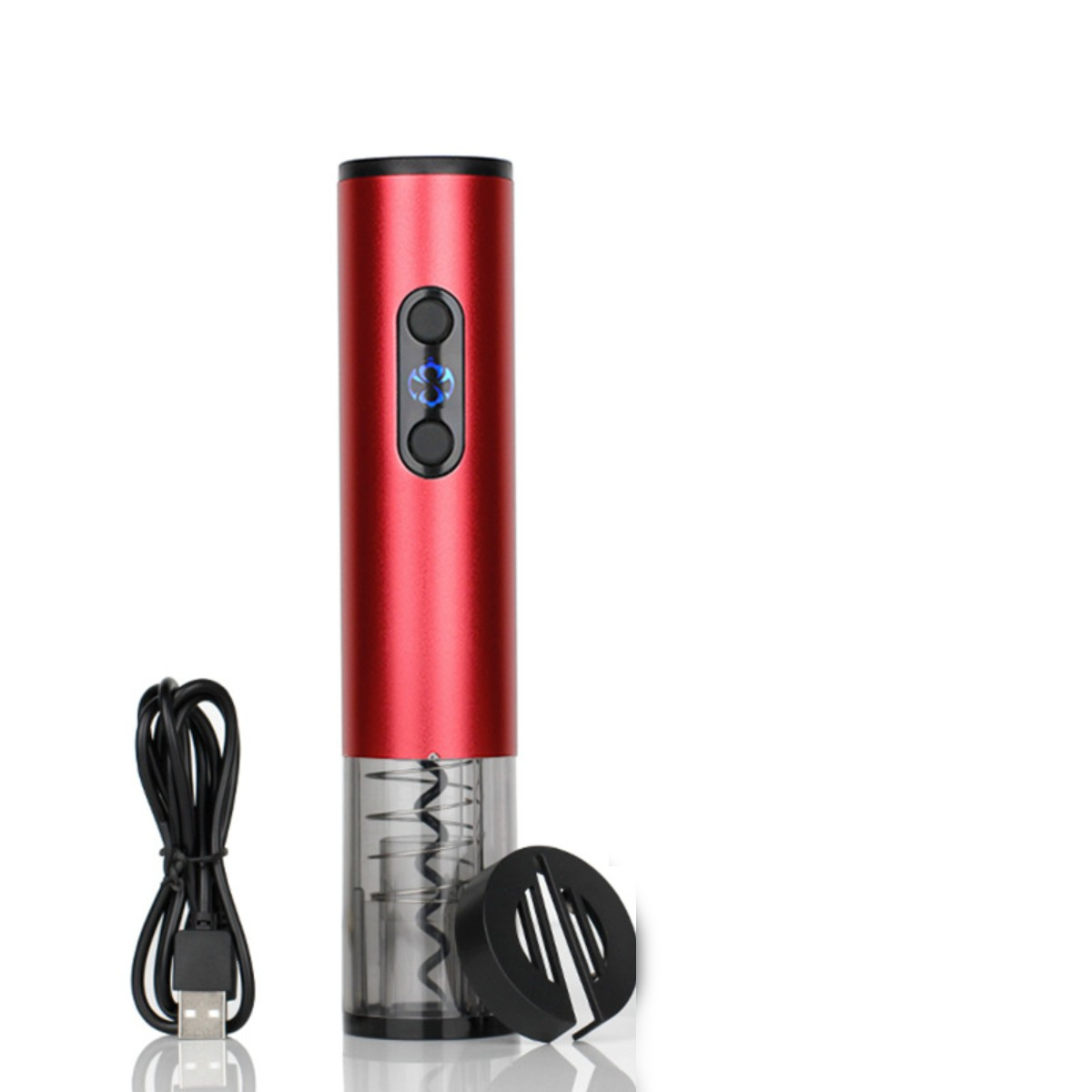 Ein roter elektrischer Weinöffner mit Ladekabel und Folienschneider.