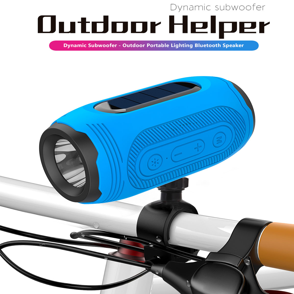 Un altavoz exterior cilíndrico azul sujeto al manillar de una bicicleta. Tiene botones y un panel solar.