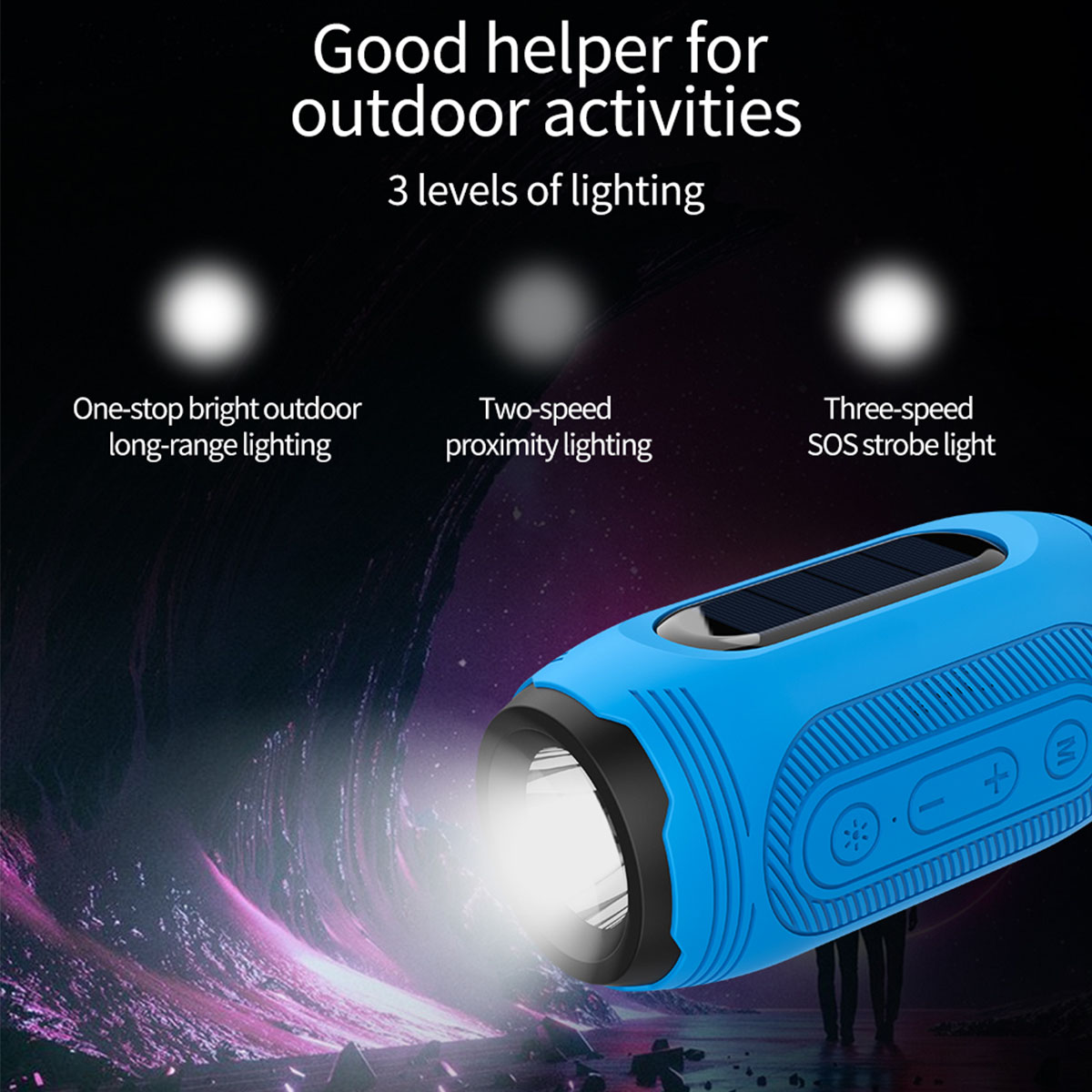 Linterna azul con haces de luz brillantes, mostrando diferentes niveles de iluminación y un fondo oscuro.