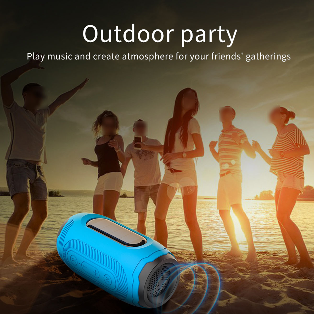 Un altavoz azul con gente en el fondo, sugiriendo un ambiente de fiesta al aire libre.
