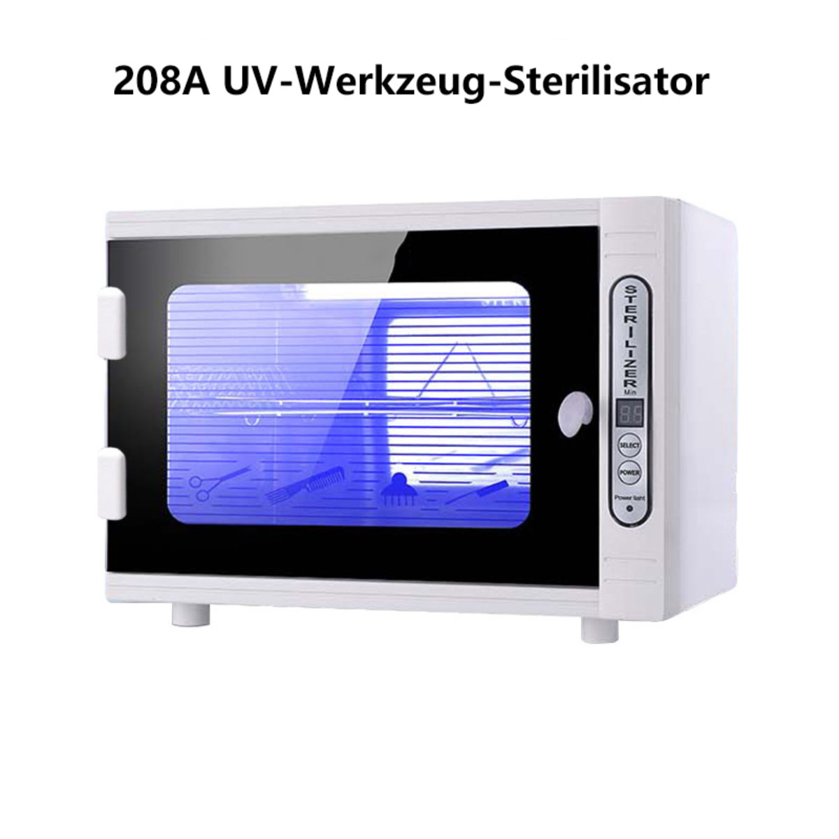 Un esterilizador UV blanco con una puerta de vidrio abierta. El interior está iluminado con luz UV.