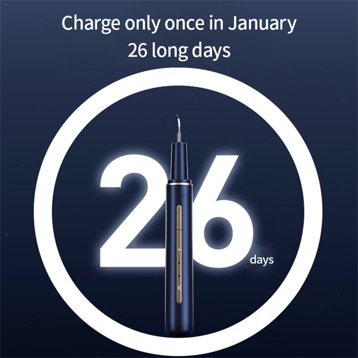 Ein blau-goldener elektrischer Zahnreiniger mit Text über das Aufladen einmal im Januar für 26 Tage.