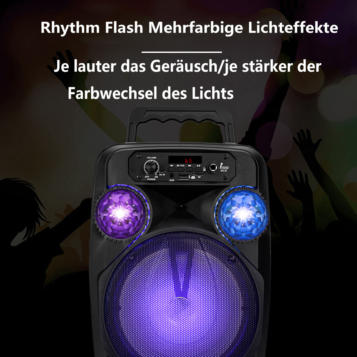 Schwarzer Lautsprecher mit Lichtern. Text oben. Lila und blaue Lichter. Hintergrund: Silhouetten von Menschen.