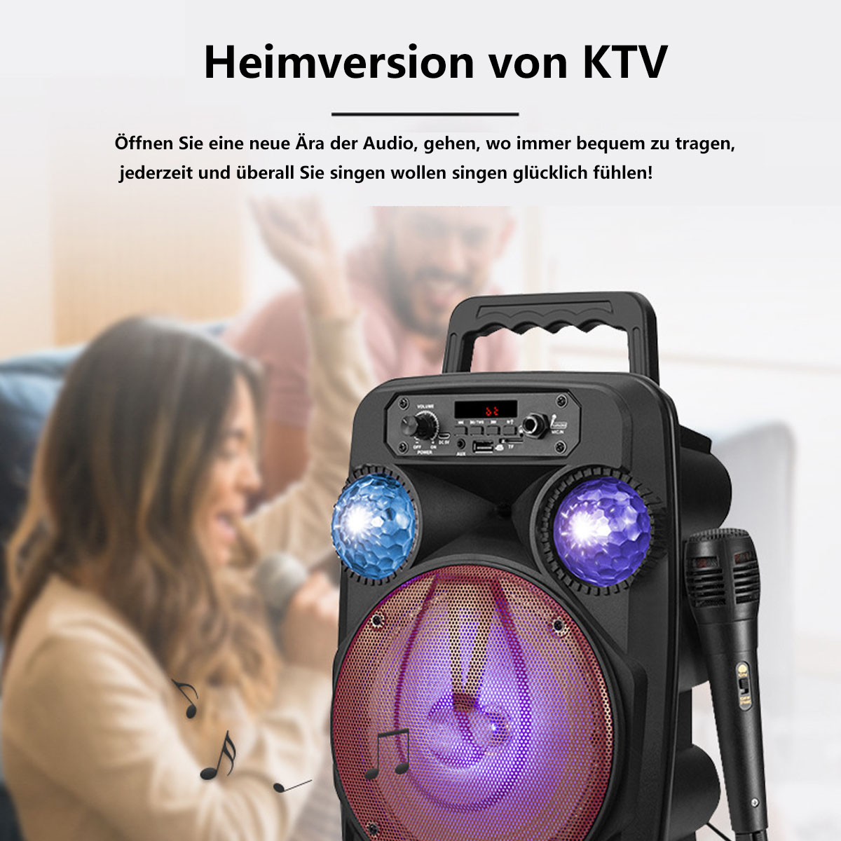 Karaoke-Lautsprecher mit Lichtern und eine singende Frau.