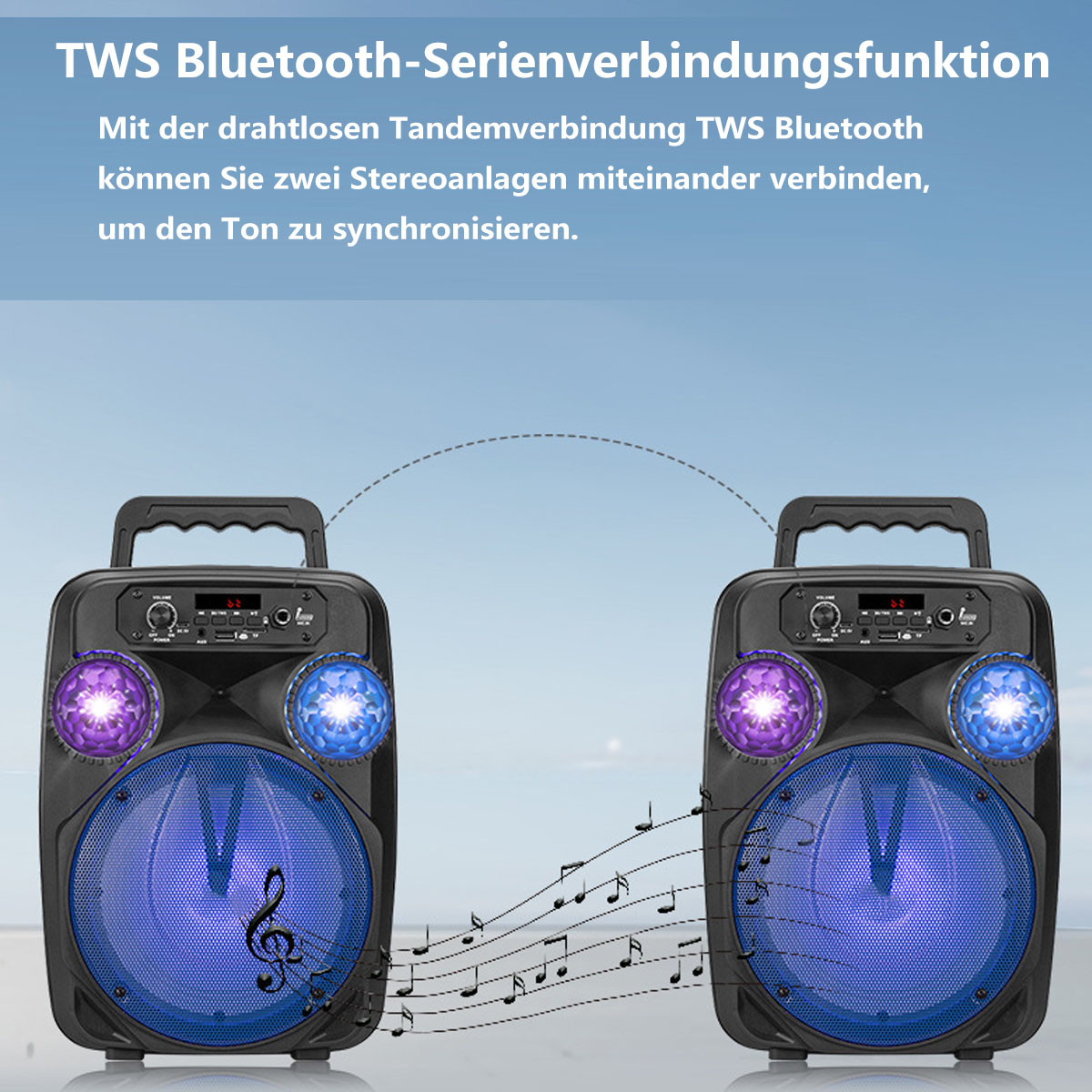 Zwei schwarze Lautsprecher mit Lichtern und Noten dazwischen. TWS Bluetooth-Verbindung.