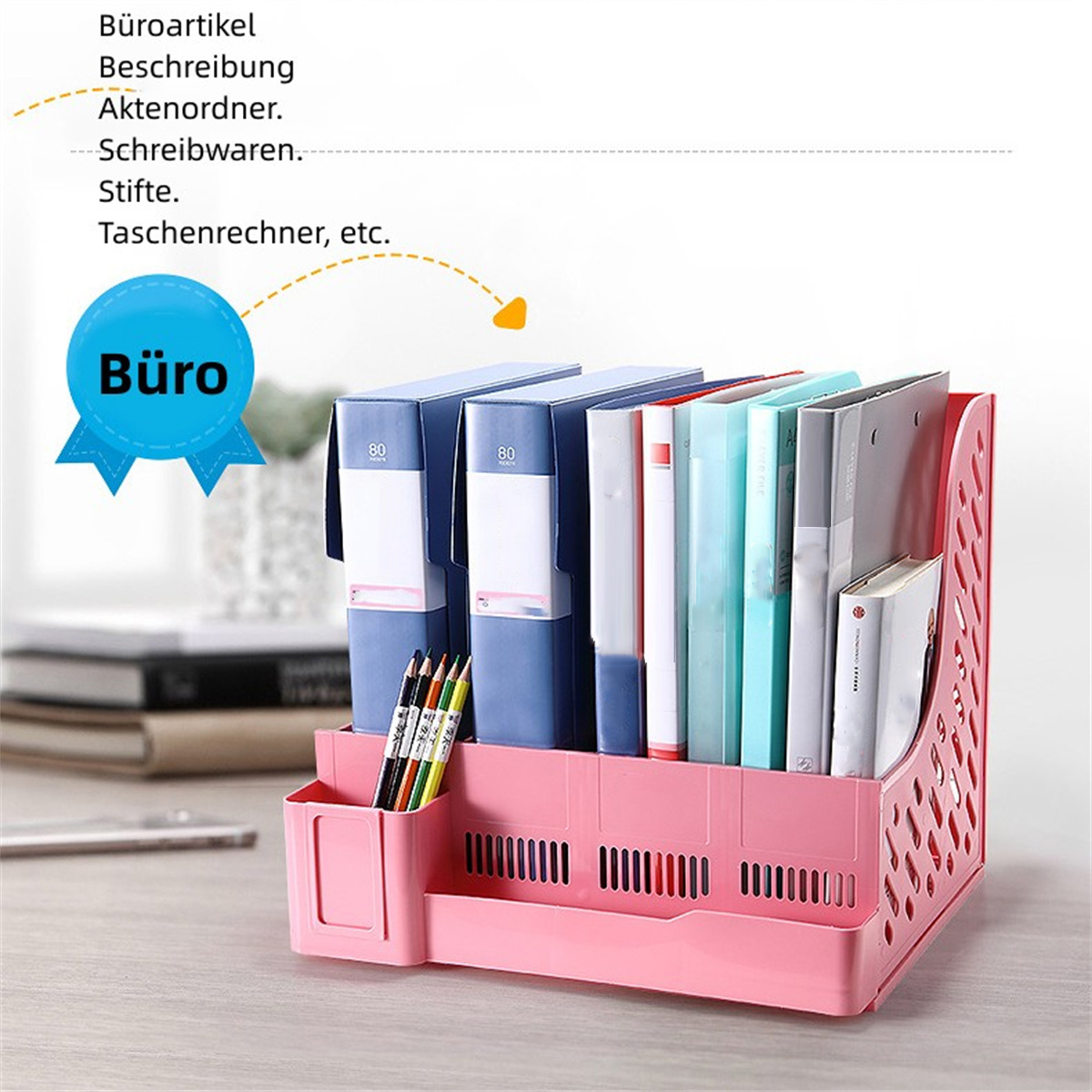 Ein rosa Büro-Organizer mit Akten, Bleistiften und einem Taschenrechner. Text auf Deutsch: 'Büroartikel'.