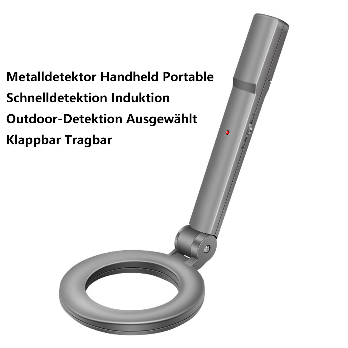 Handgehaltener Metalldetektor. Silbernes Gehäuse mit kreisförmigem Detektionsbereich. Ein-/Aus-Taste und rotes Licht sichtbar.
