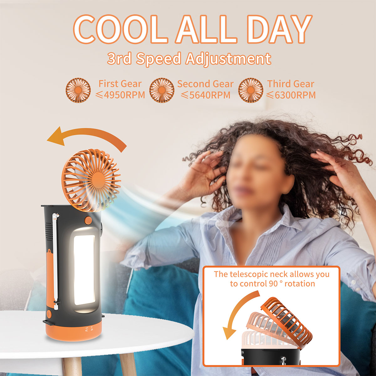 Ein orangefarbener Ventilator, Text: Cool den ganzen Tag, 3. Geschwindigkeitsanpassung. Frau im Hintergrund unscharf.
