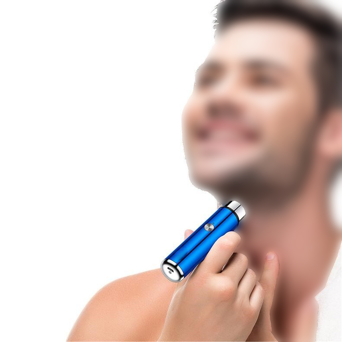 Ein Mann rasiert sich den Hals mit einem blauen Elektrorasierer, verschwommener Hintergrund.