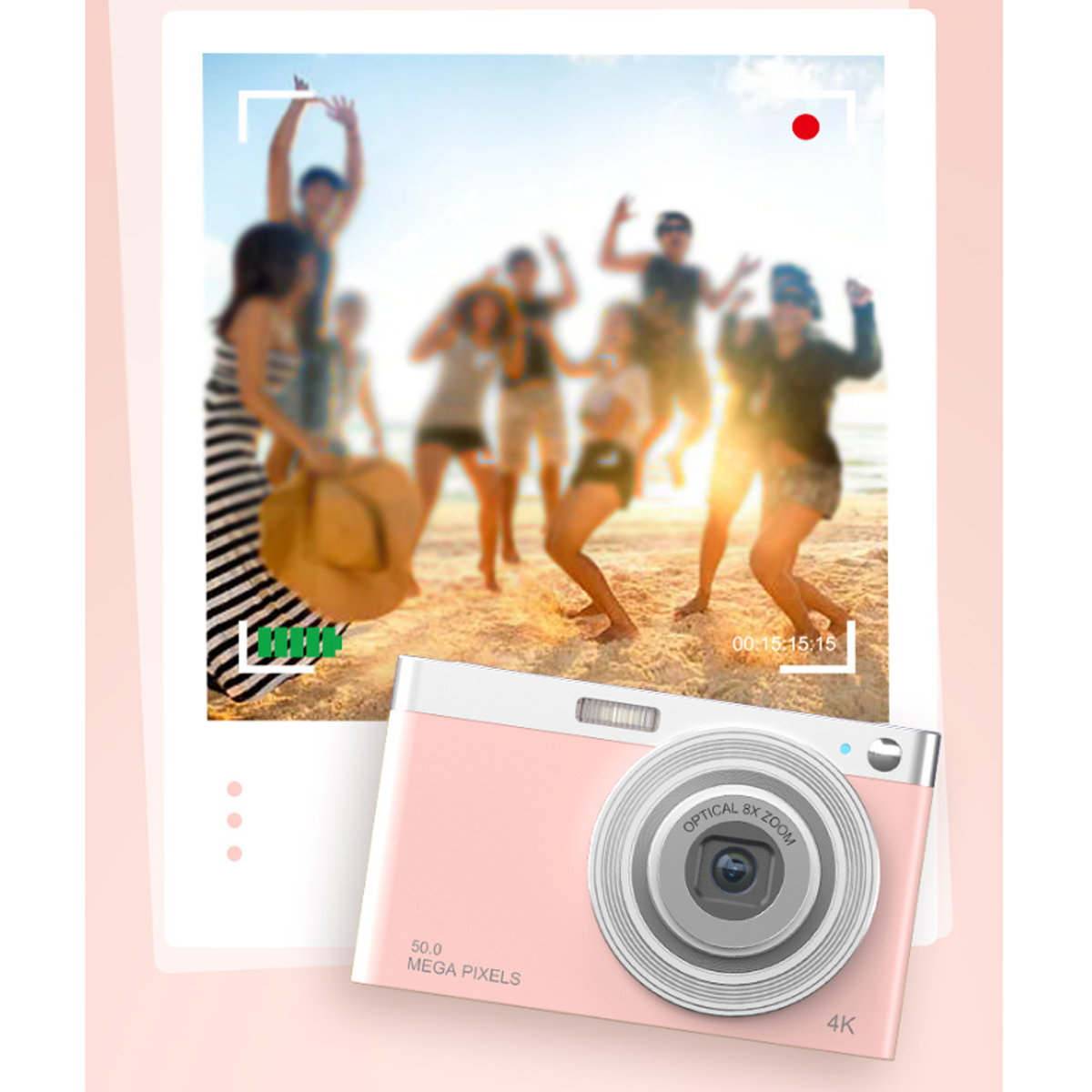 Cámara rosa con una escena de playa en su pantalla. Personas en el fondo.