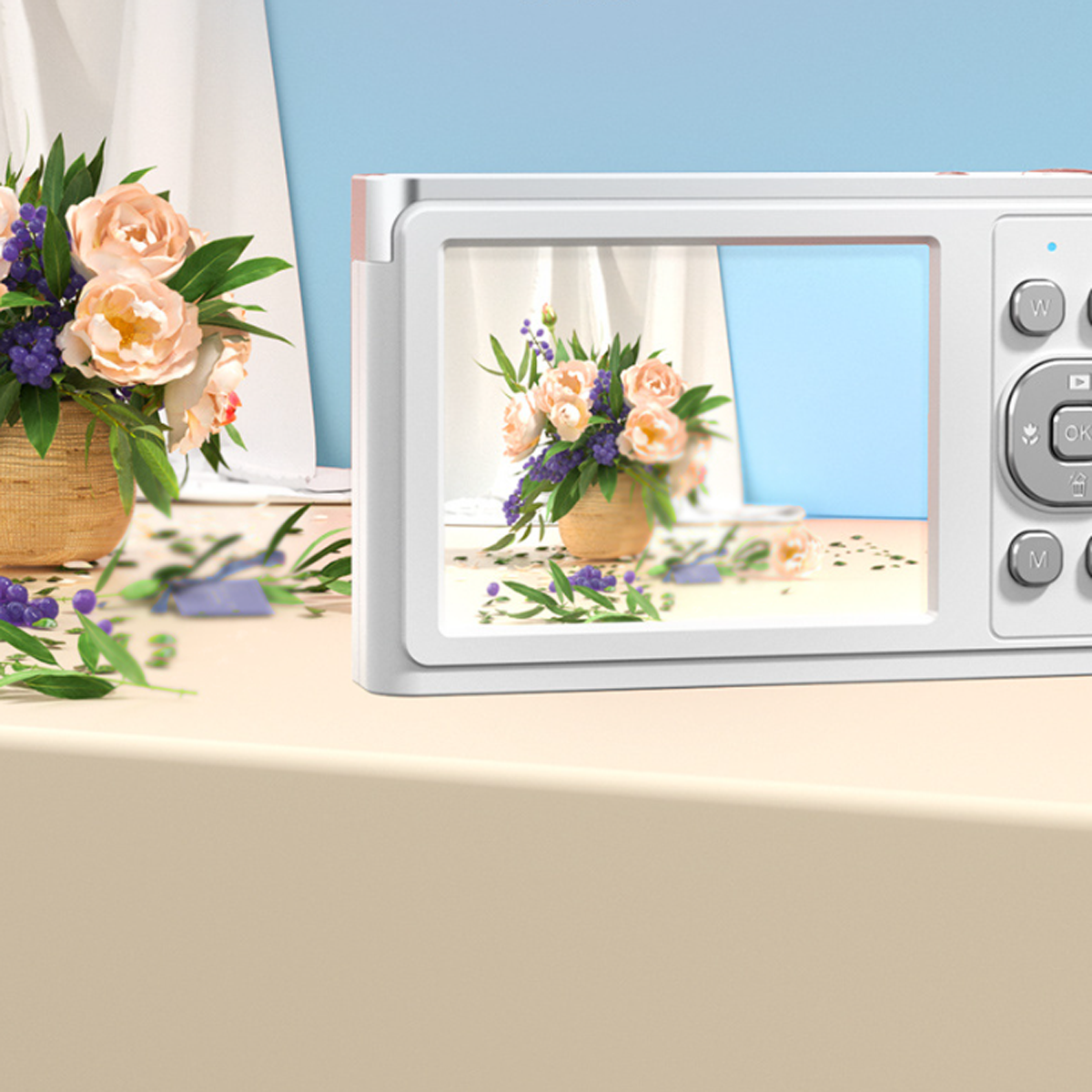 Digitalkamera zeigt Foto von Blumen in einem Korb. Der Hintergrund ist blau.
