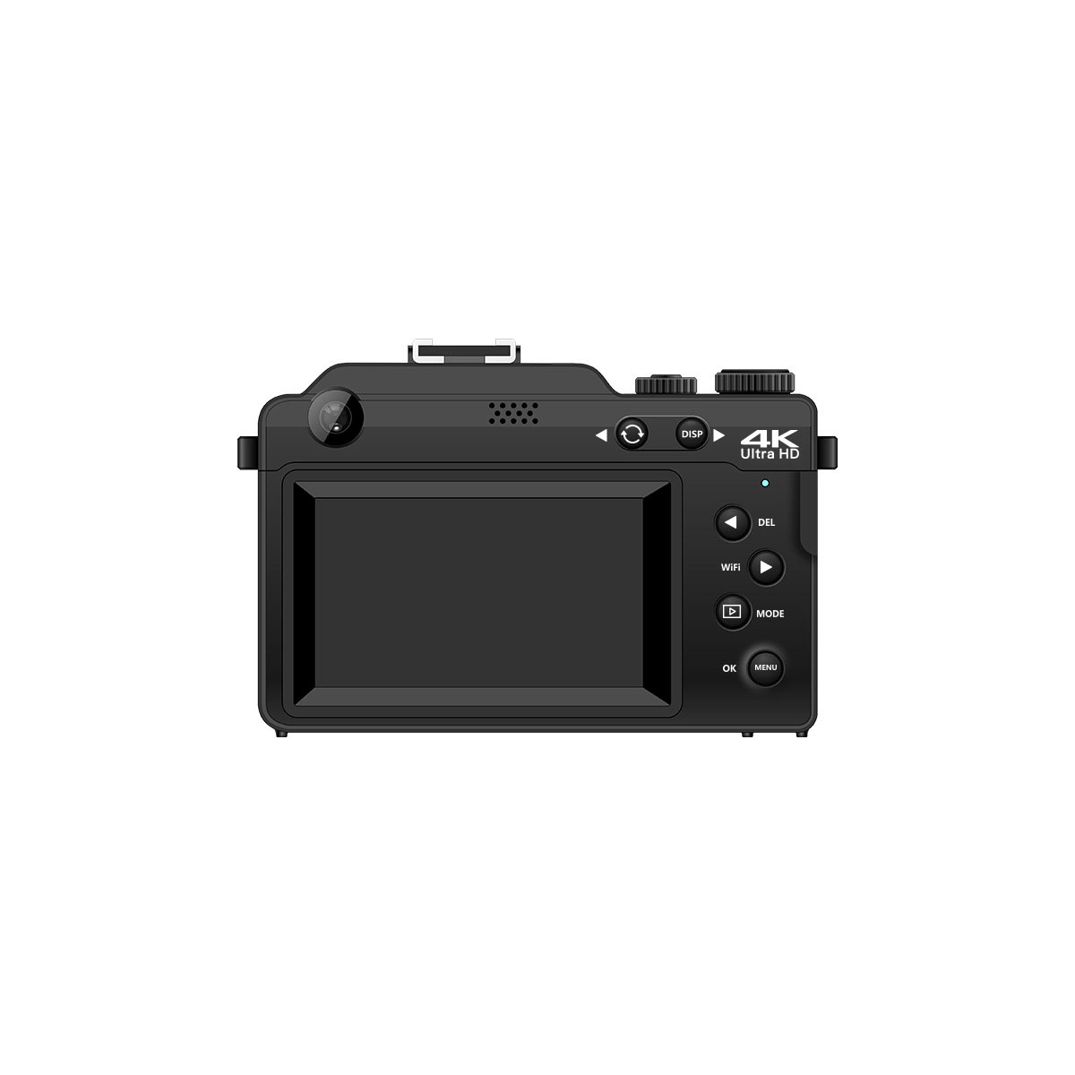 Eine schwarze Digitalkamera mit Bildschirm auf der Rückseite. Tasten sind Display, WLAN, Modus und Menü.