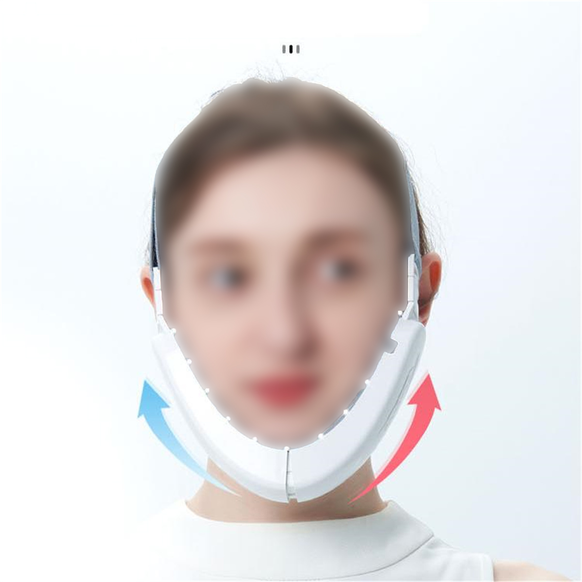 Gesicht einer Frau mit weißem Gesichtsapparat, mit Pfeilen, die die Anwendung anzeigen.