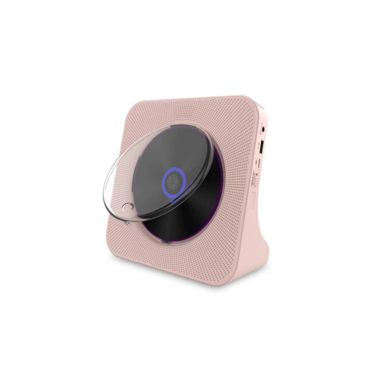 Pinkfarbener CD-Player mit transparentem Deckel, zeigt CD, weißer Hintergrund.