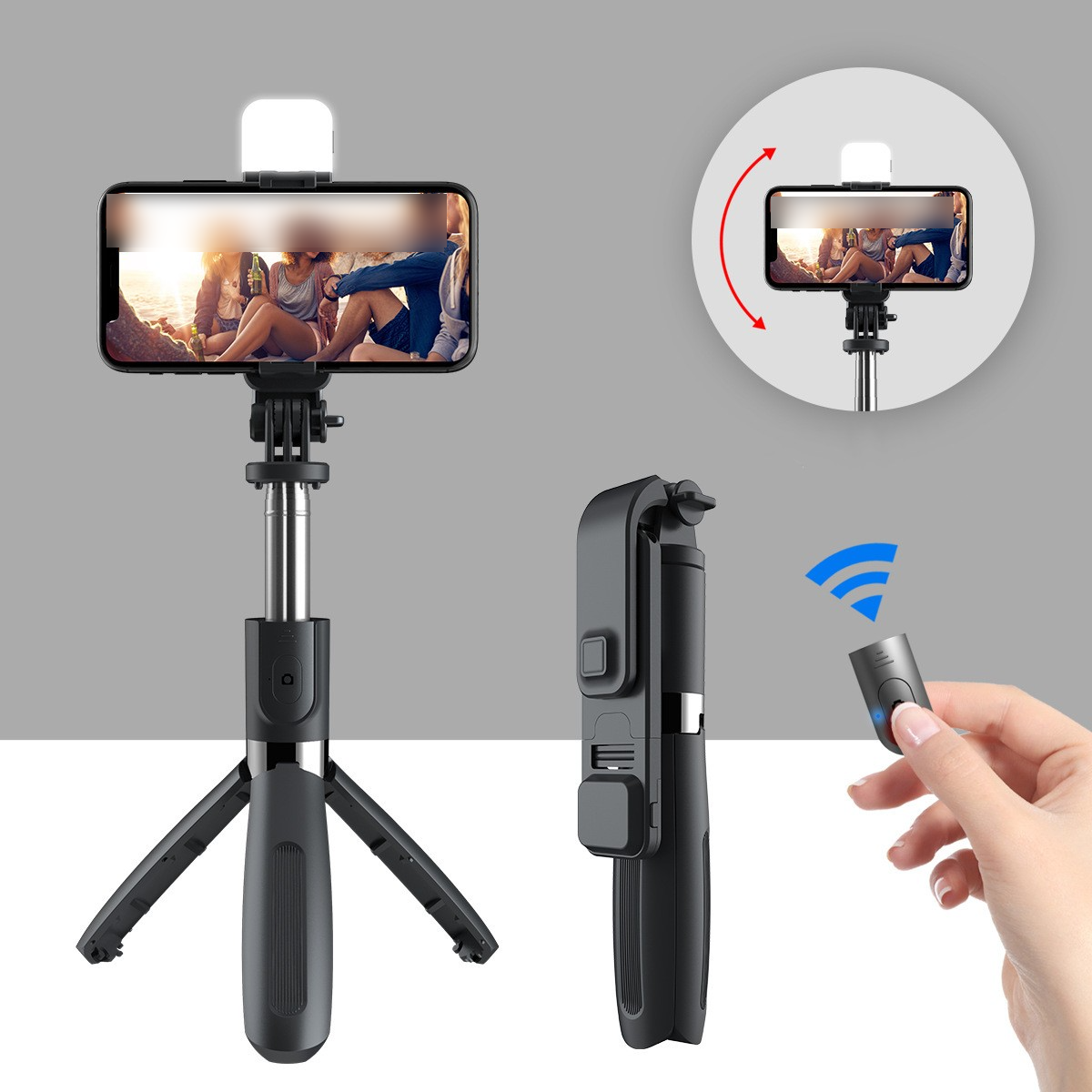Ein Smartphone auf einem Stativ mit Fernbedienung. Demonstriert das Fotografieren und Drehen des Telefons.