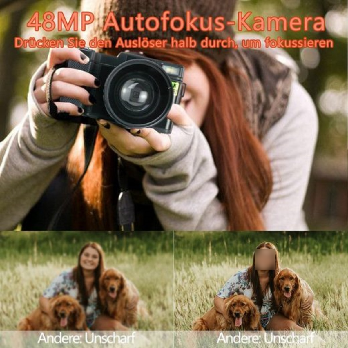 Eine Frau macht ein Foto mit einer Kamera, die ein verschwommenes und dann ein klares Bild zeigt.
