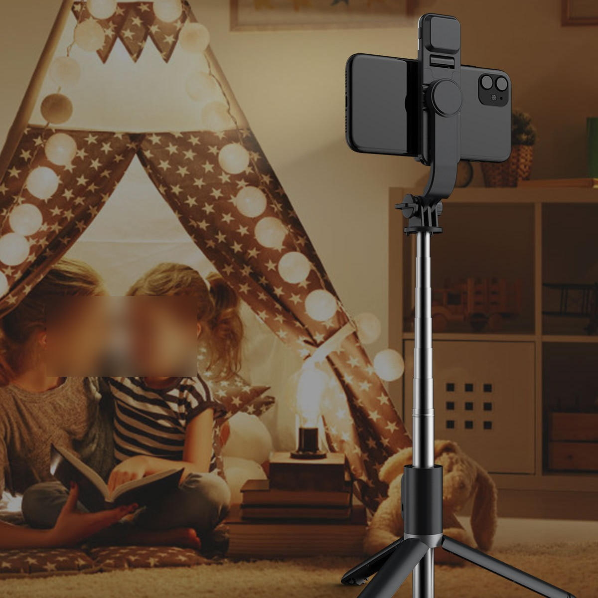 stick Selfie handheld mini Selfie-Stick, all-in-one live light desktop SYNTEK tripod Schwarz extension fill with holder