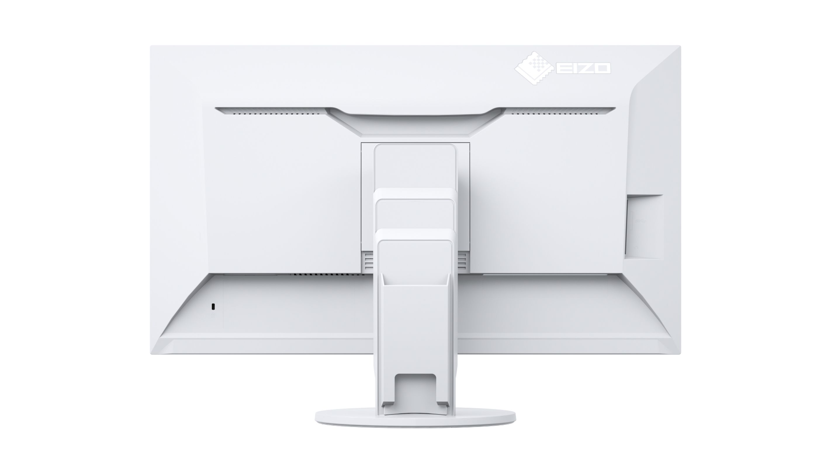 Retro monitor bianco, supporto e logo.