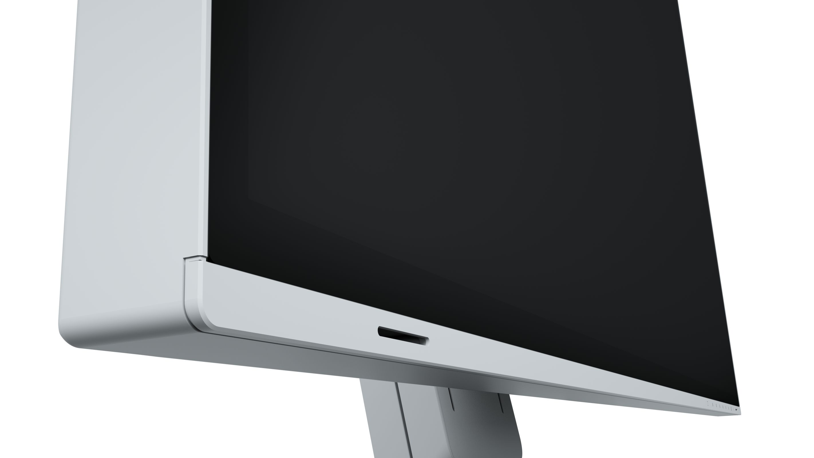 Primo piano di un monitor bianco. Lo schermo è nero. Il monitor è montato su un supporto grigio.