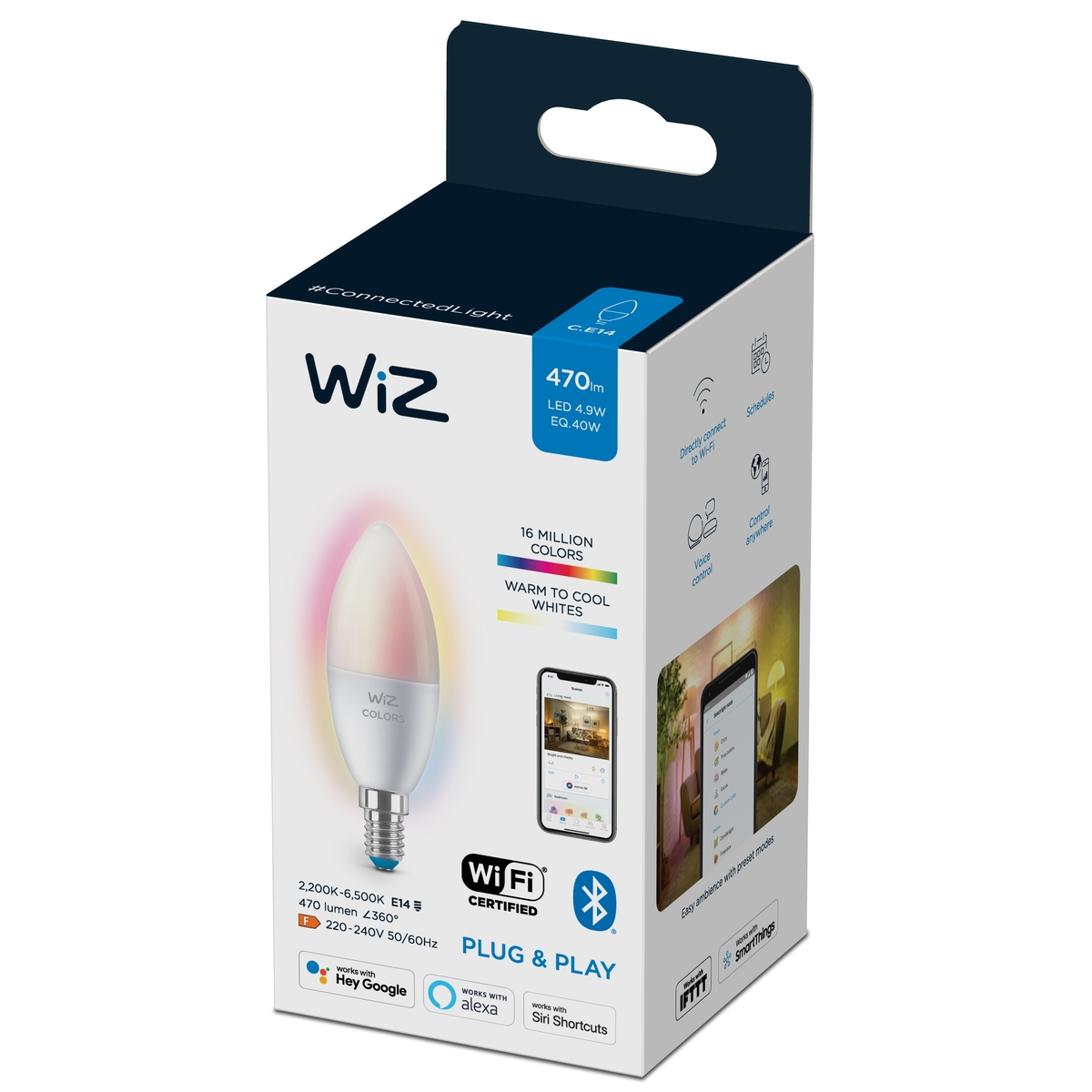 Zapakowana żarówka LED z Wi-Fi i funkcjami inteligentnego domu. Pudełko jest białe i kolorowe.