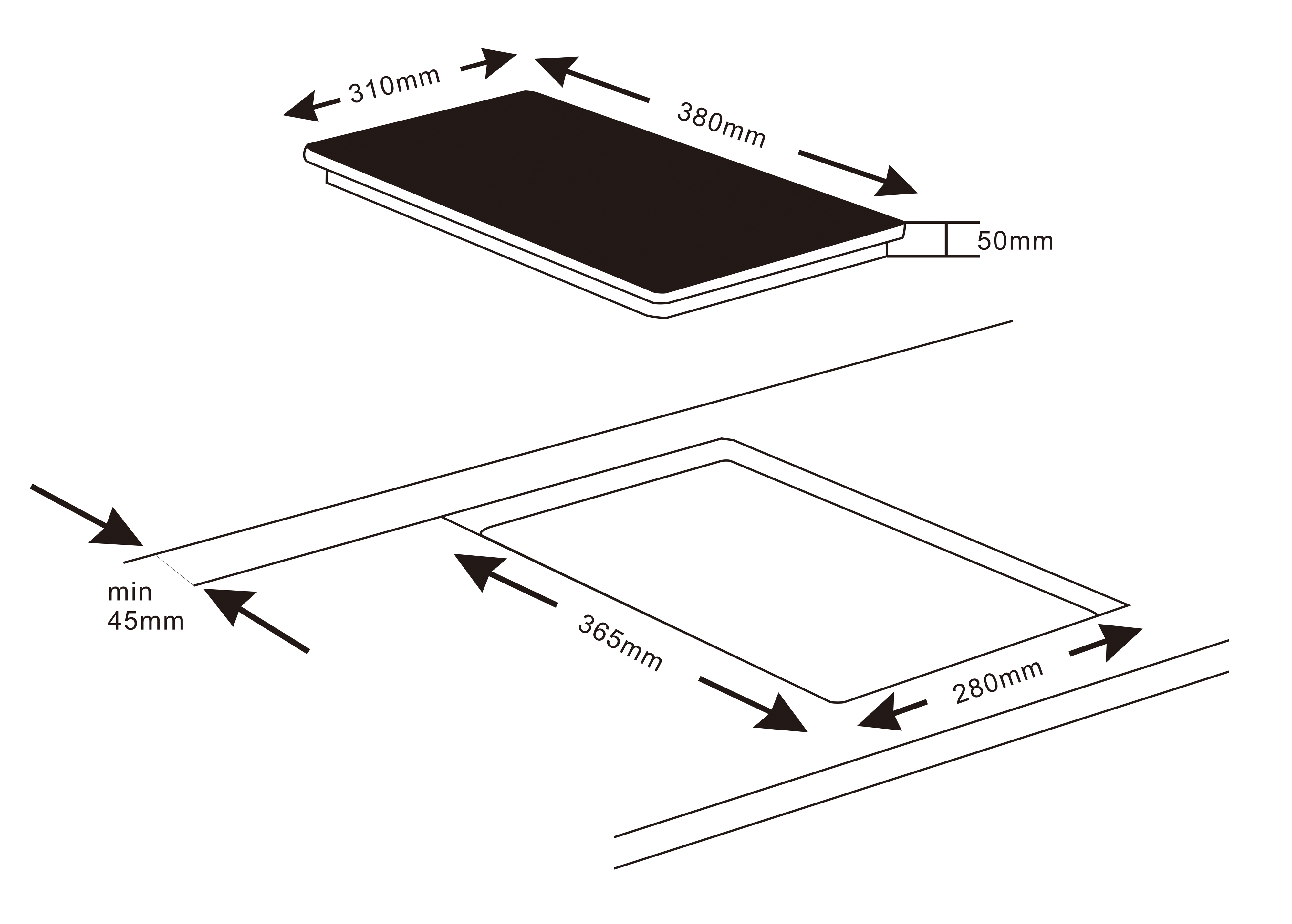 Diagramm mit Abmessungen für ein Kochfeld: 380 mm x 310 mm und 365 mm x 280 mm, Höhe 50 mm, min. 45 mm.