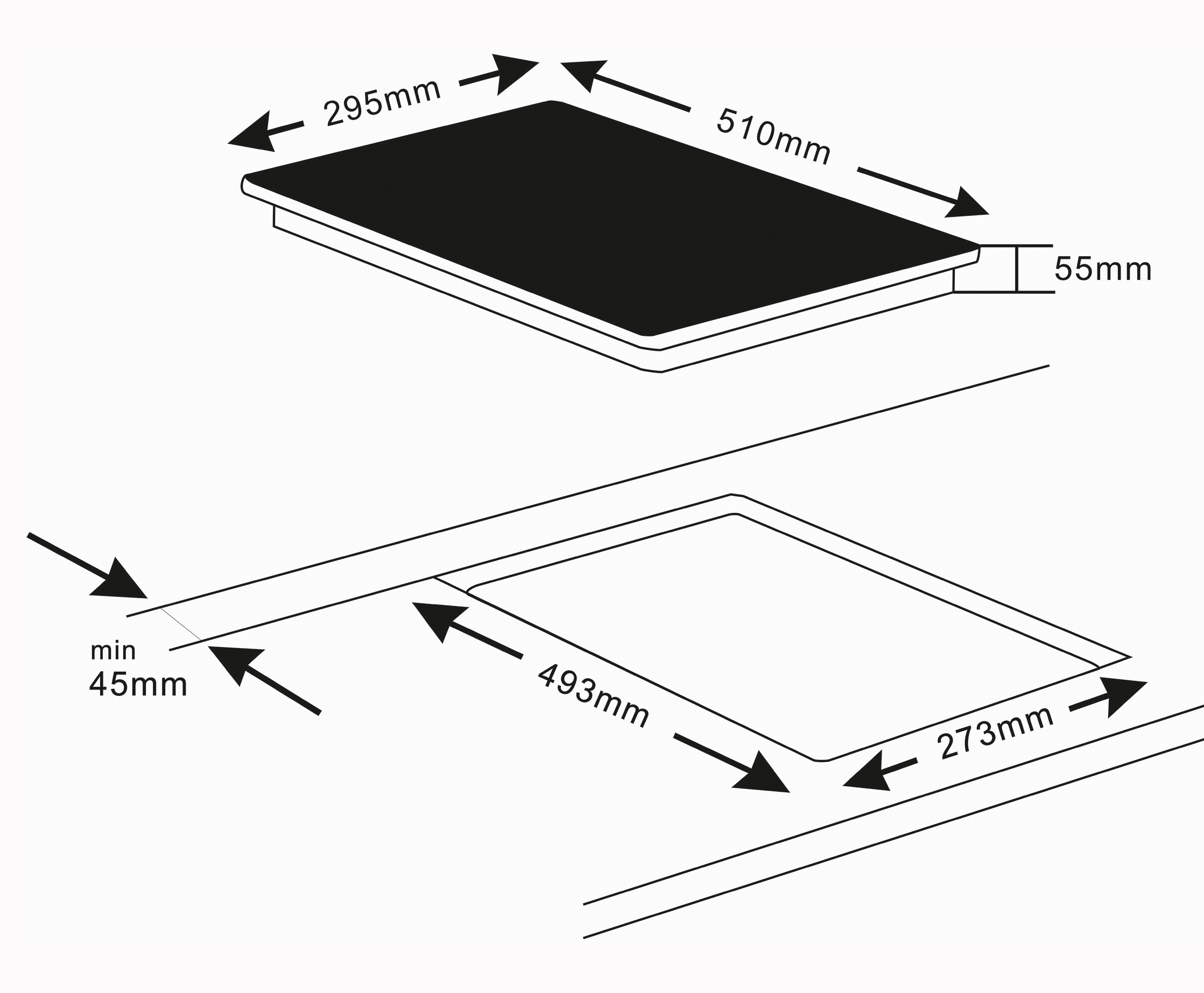 Diagramm eines Induktionskochfelds mit Abmessungen: 510 mm lang, 295 mm breit und 55 mm hoch.