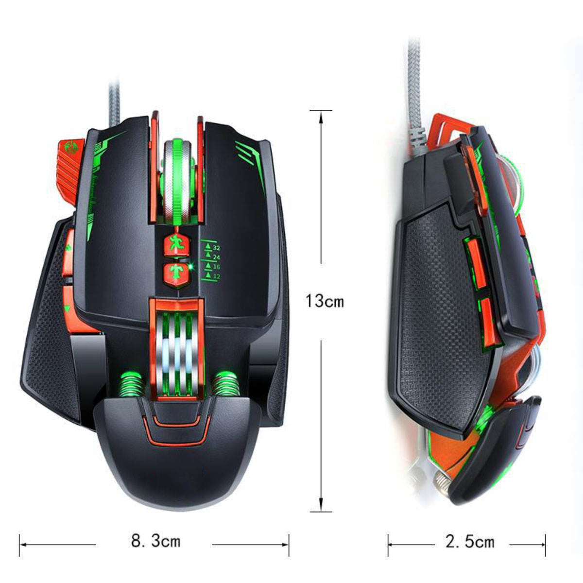 Eine Gaming-Maus mit schwarzen, grünen und orangen Farben wird gezeigt. Es hat Knöpfe und Abmessungen.