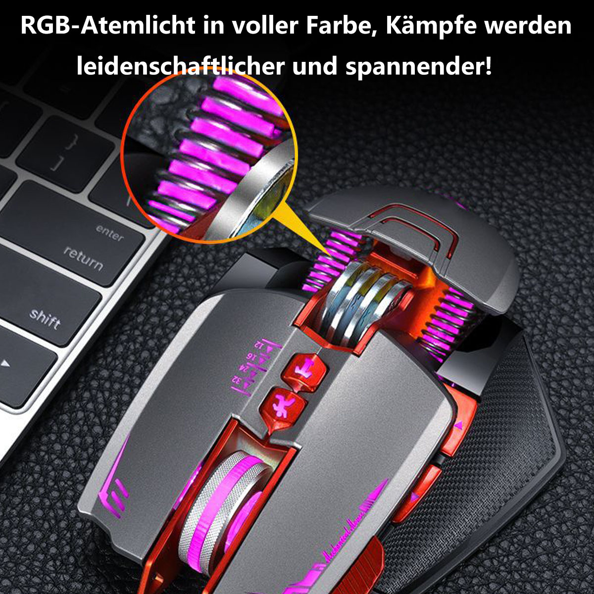 Gaming-Maus mit RGB-Beleuchtung. Rosa und grau. Tastatur im Hintergrund. Nahaufnahme.