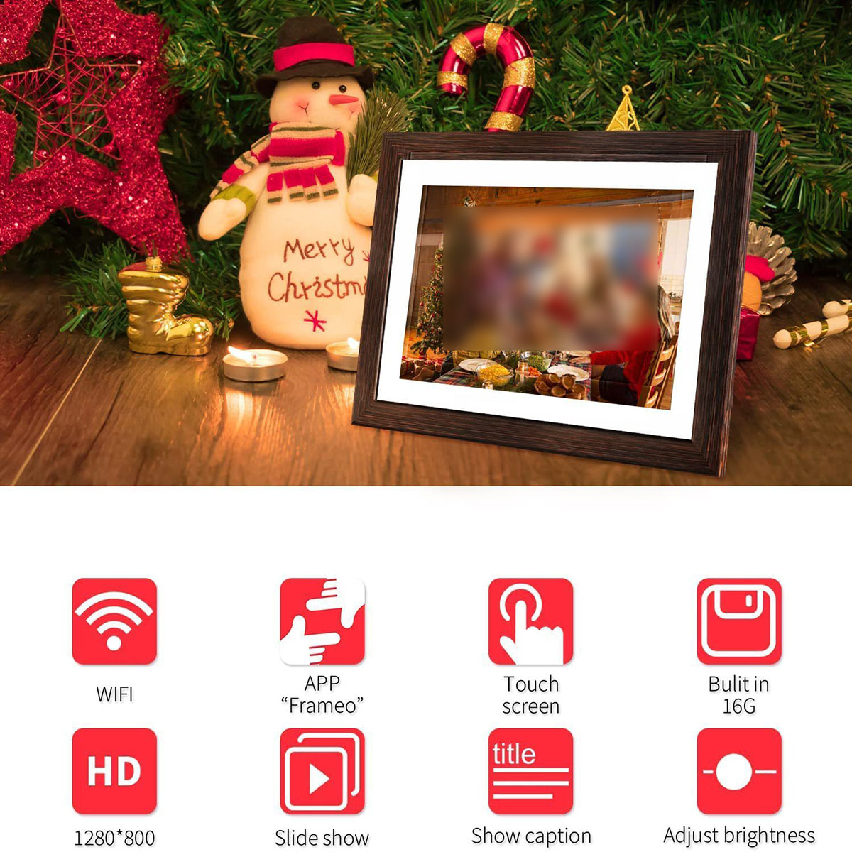 Marco de fotos navideño con iconos para wifi, app, pantalla táctil y ajustes.