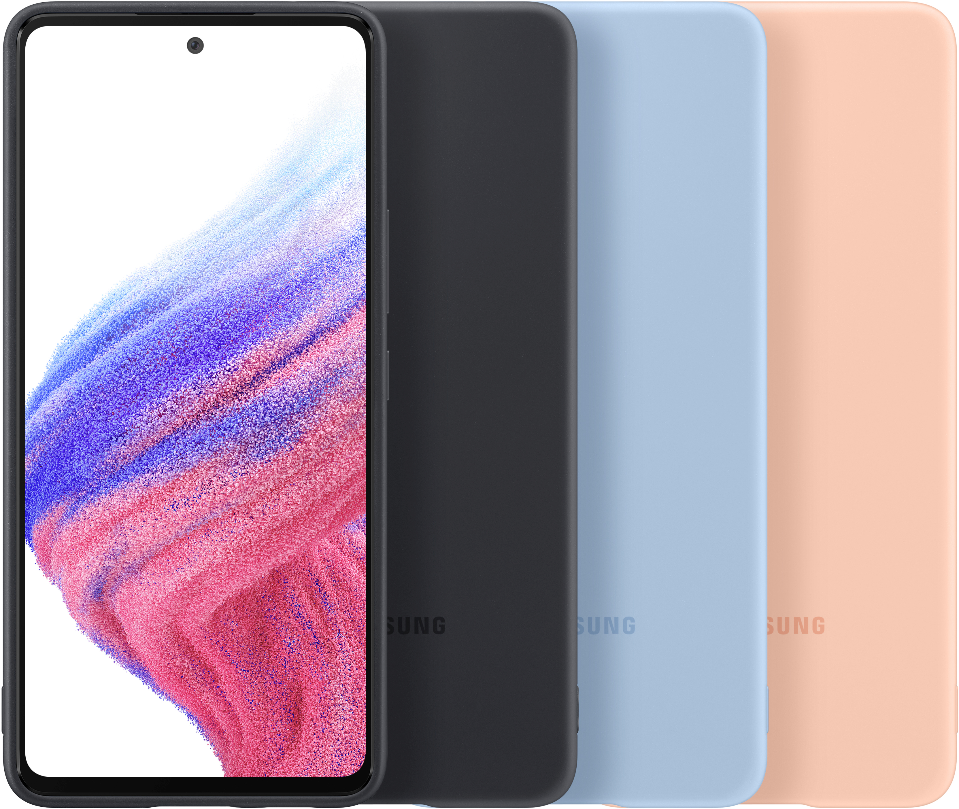 Uno smartphone con cornice nera e tre custodie colorate.