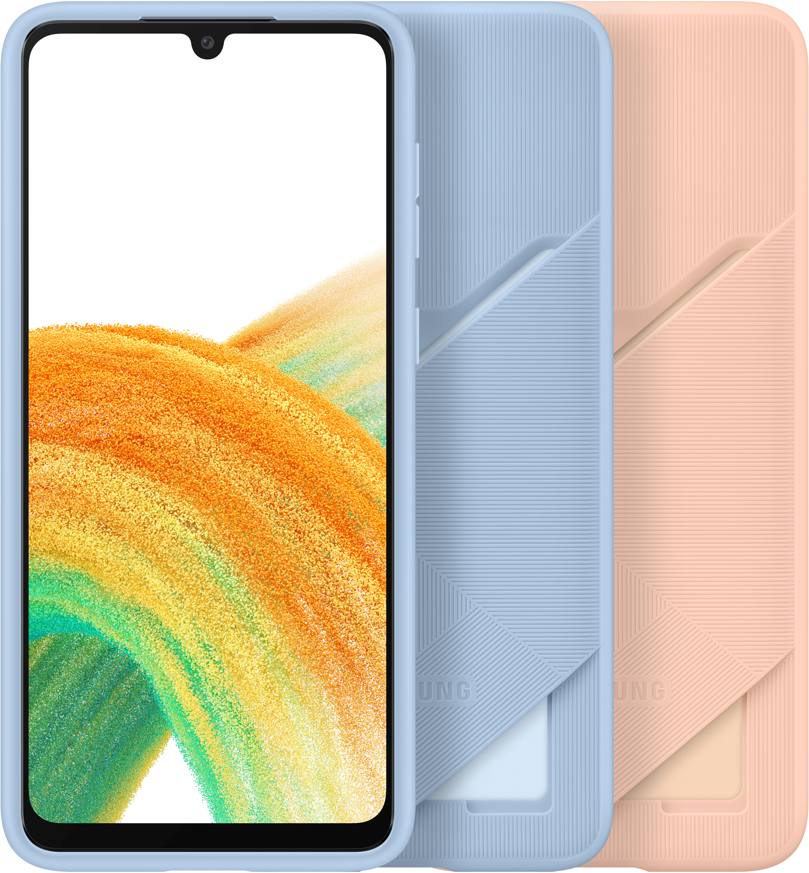 Tres fundas de teléfono: azul, rosa y un teléfono con cámara centrada.