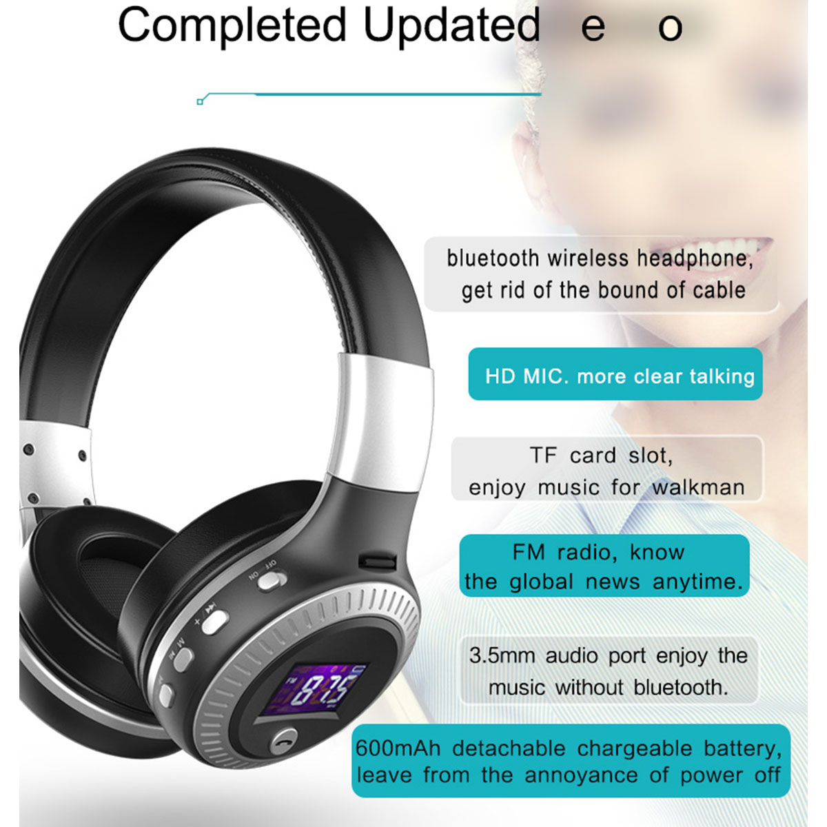 Schwarze Kopfhörer mit Bedienelementen und Display. Text besagt: Bluetooth, HD-Mikrofon, TF-Kartensteckplatz, UKW-Radio, 3,5-mm-Anschluss.