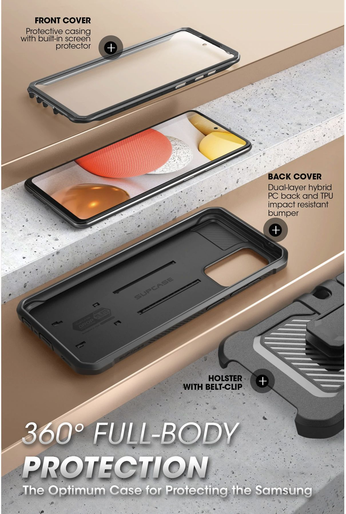 Componenti della custodia del telefono: protezione schermo, cover posteriore e fondina.