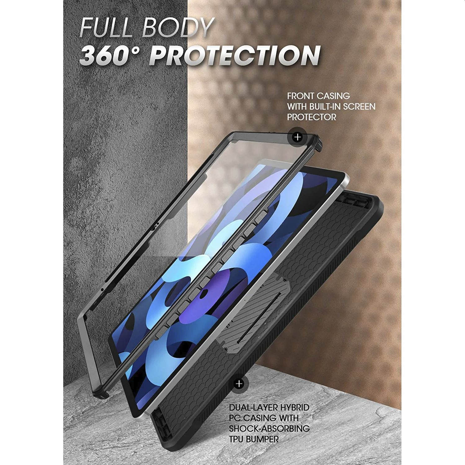 Una custodia trasparente per tablet con un tablet all'interno, mostrando tutti i componenti.