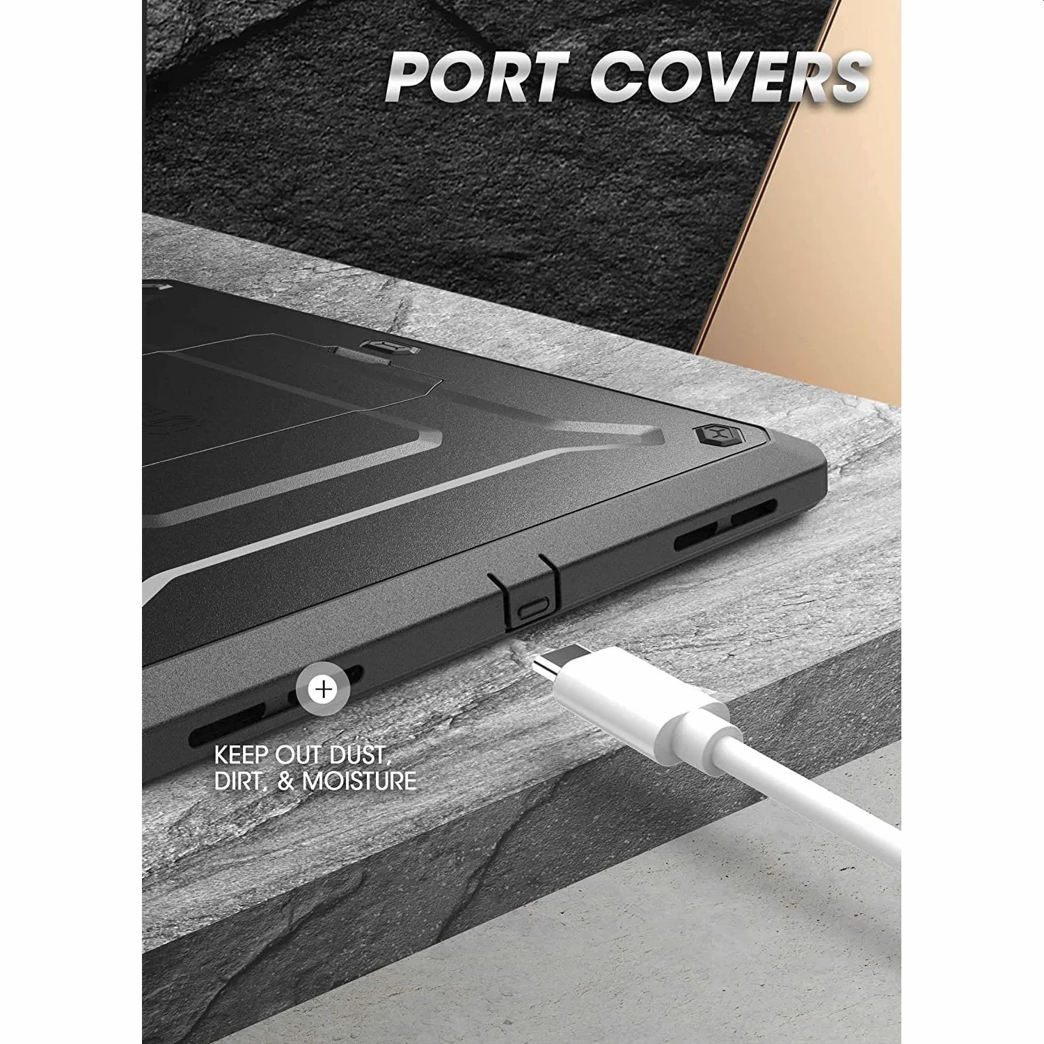 Custodia per tablet nera con copertura porta. Cavo USB bianco. Sfondo in pietra grigia. Testo: Coperture delle porte.