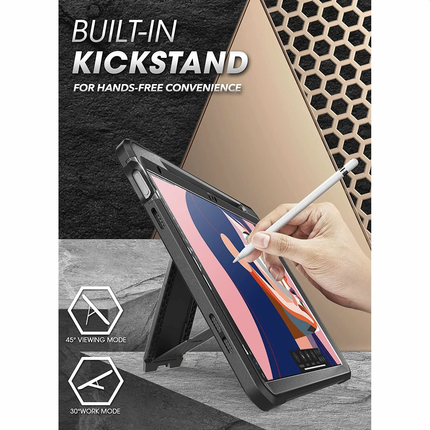Custodia nera per tablet con stilo. Il tablet è appoggiato su un supporto. Il testo recita supporto integrato.