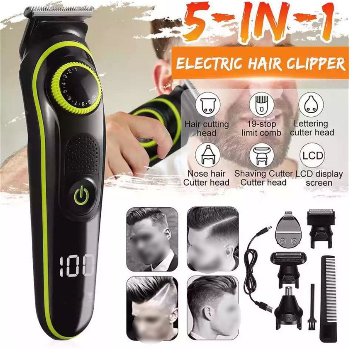 Cortapelos eléctrico negro y verde con pantalla LCD y varios accesorios, incluyendo un peine.