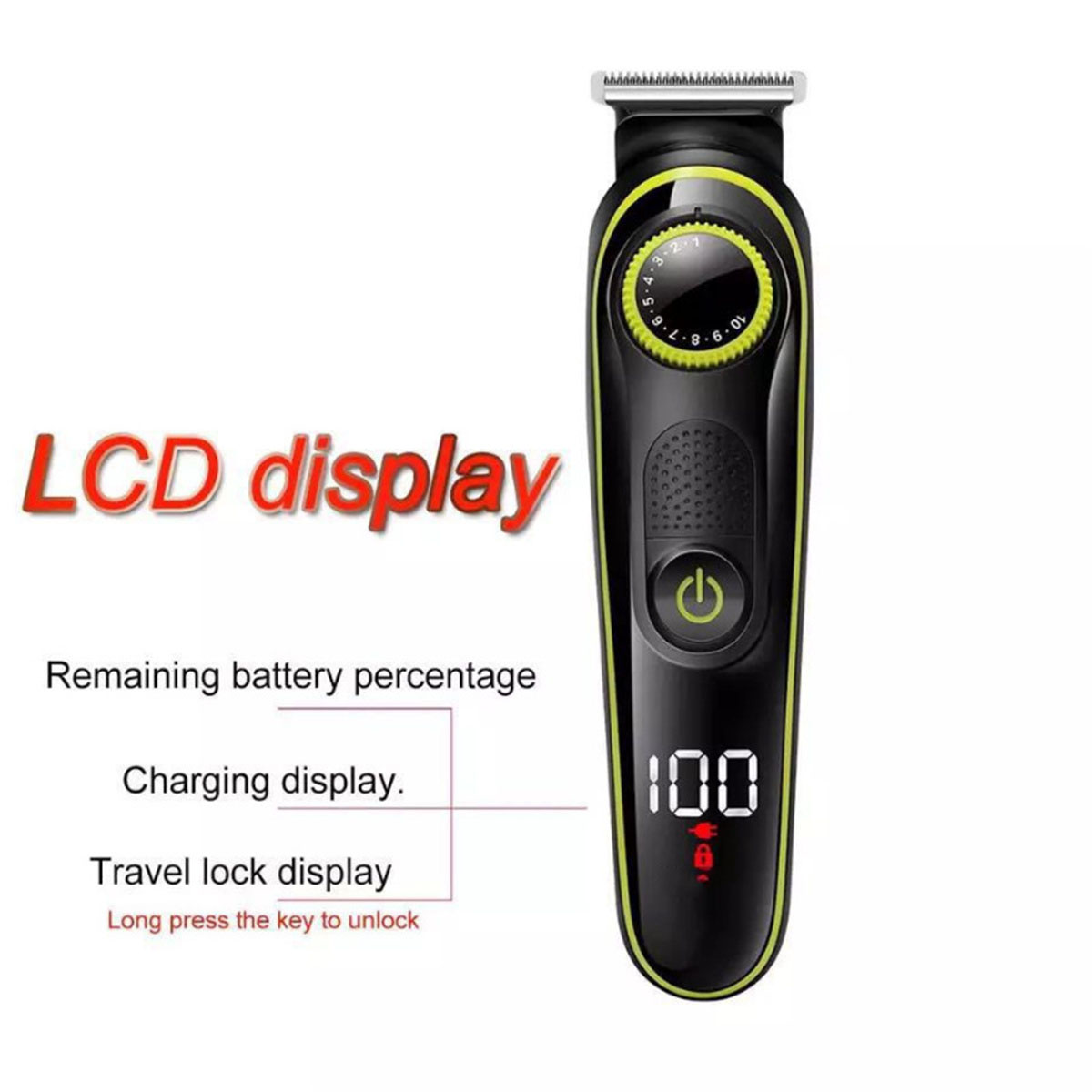 Imagen de un recortador de barba eléctrico negro y verde con pantalla LCD que muestra el porcentaje de batería.