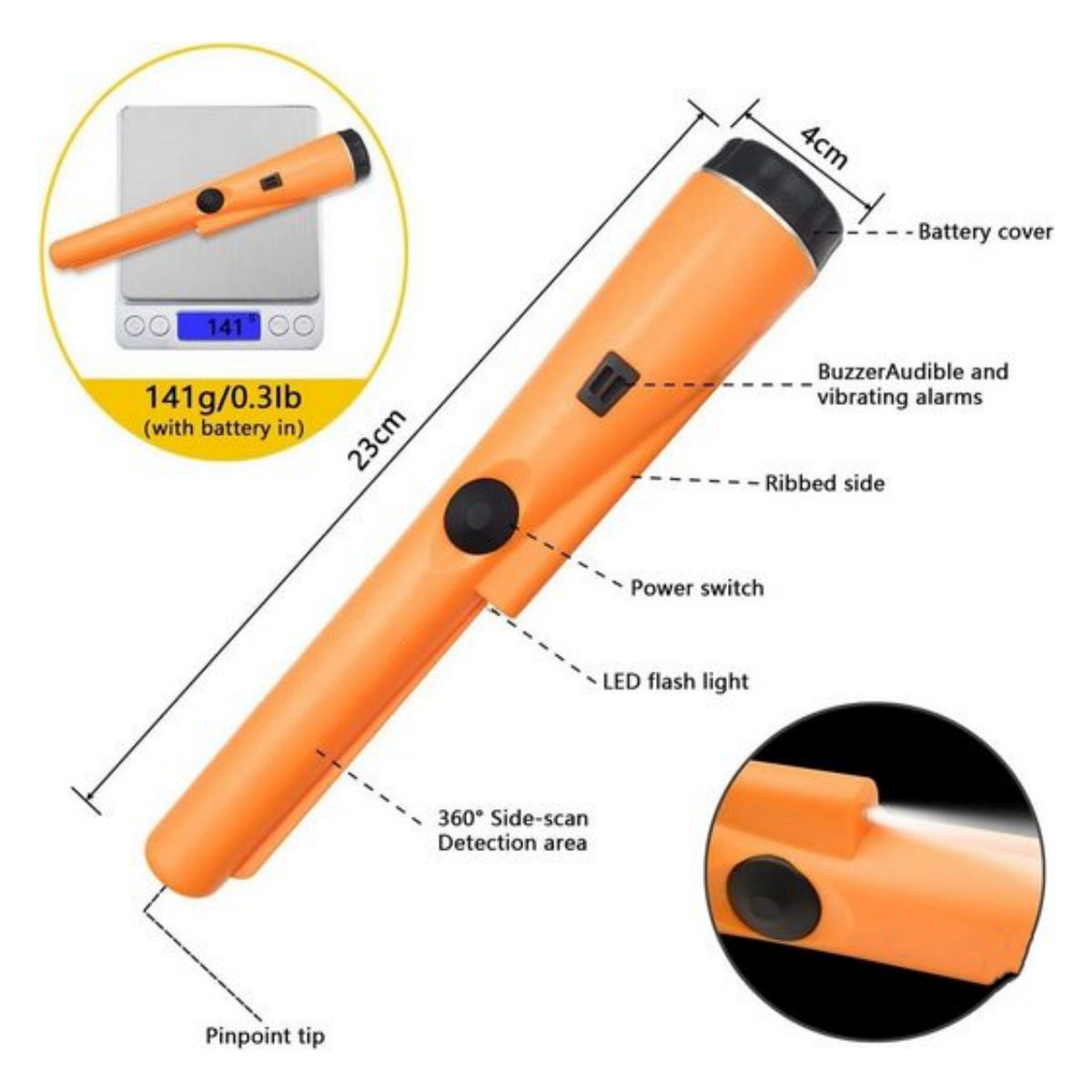 Ein orangefarbener Metalldetektor mit Beschriftungen und Maßen. Eine Waage zeigt 141g/0,3lb mit Batterie.