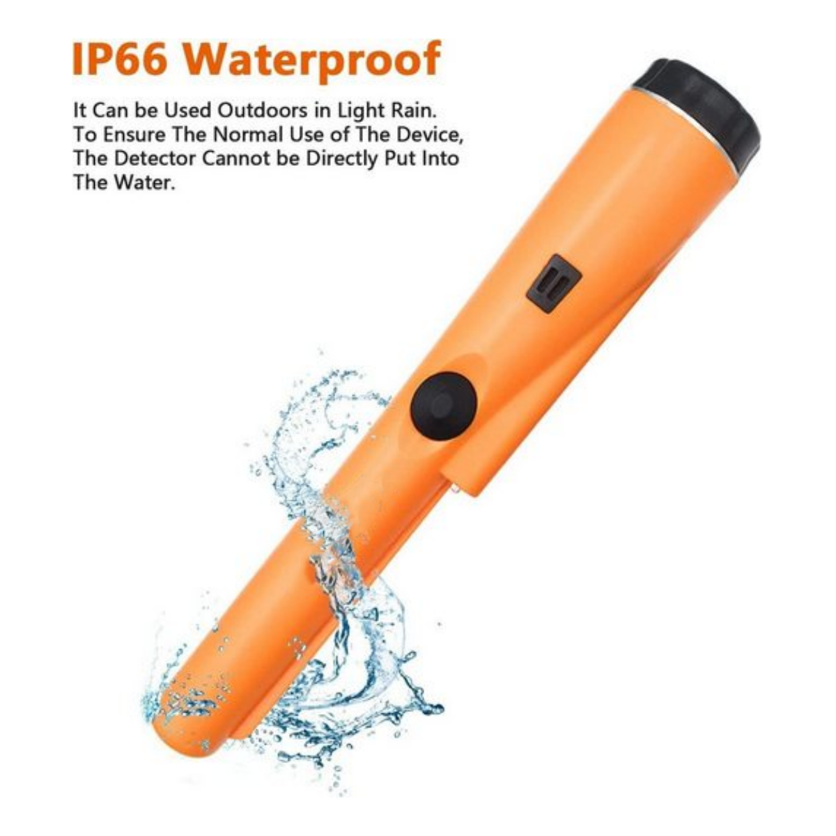 Orangener Metalldetektor mit Wasserspritzeffekt, mit Text: IP66 Wasserdicht.