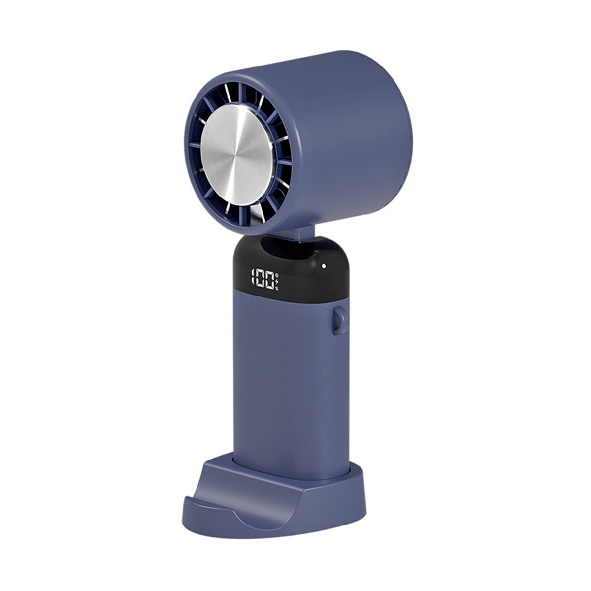 Ventilador portátil azul y negro con soporte. El ventilador tiene una pantalla digital que muestra un porcentaje.
