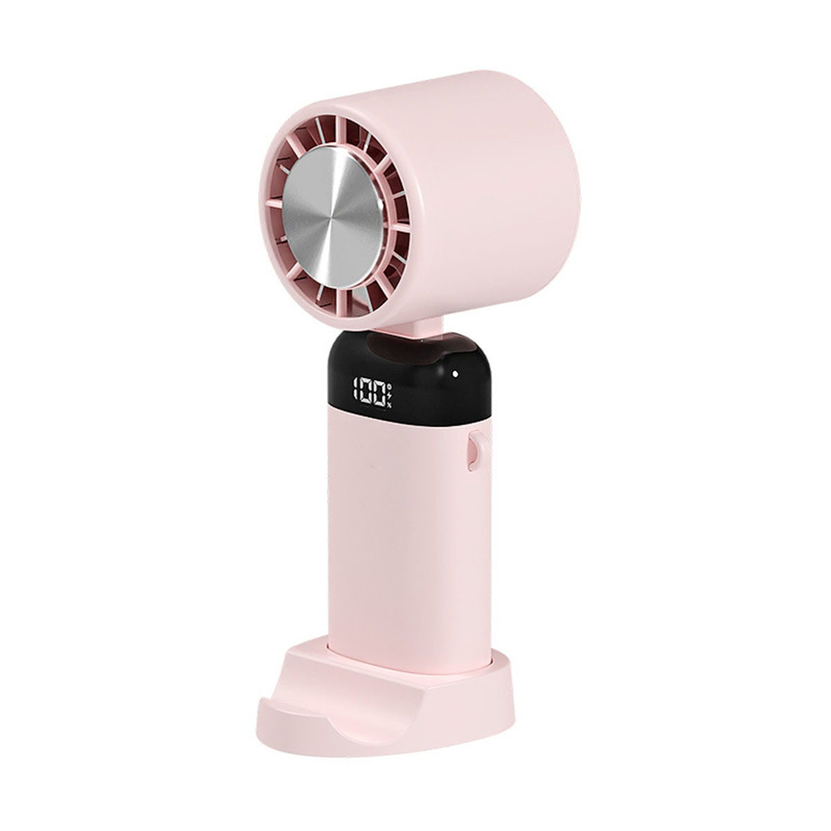 Mini ventilador rosa con una pantalla que muestra '100'. Está sobre un soporte. Fondo blanco.