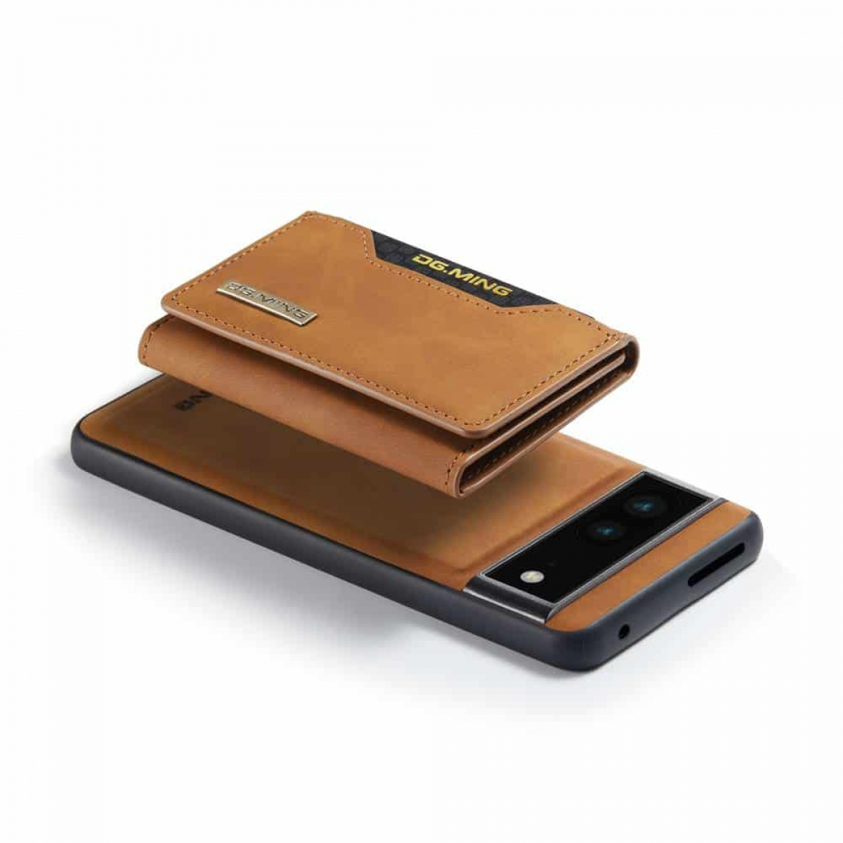 Eine braune Leder-Telefon-Geldbörse liegt auf einem Telefon. Die Geldbörse ist über das Telefon geklappt.