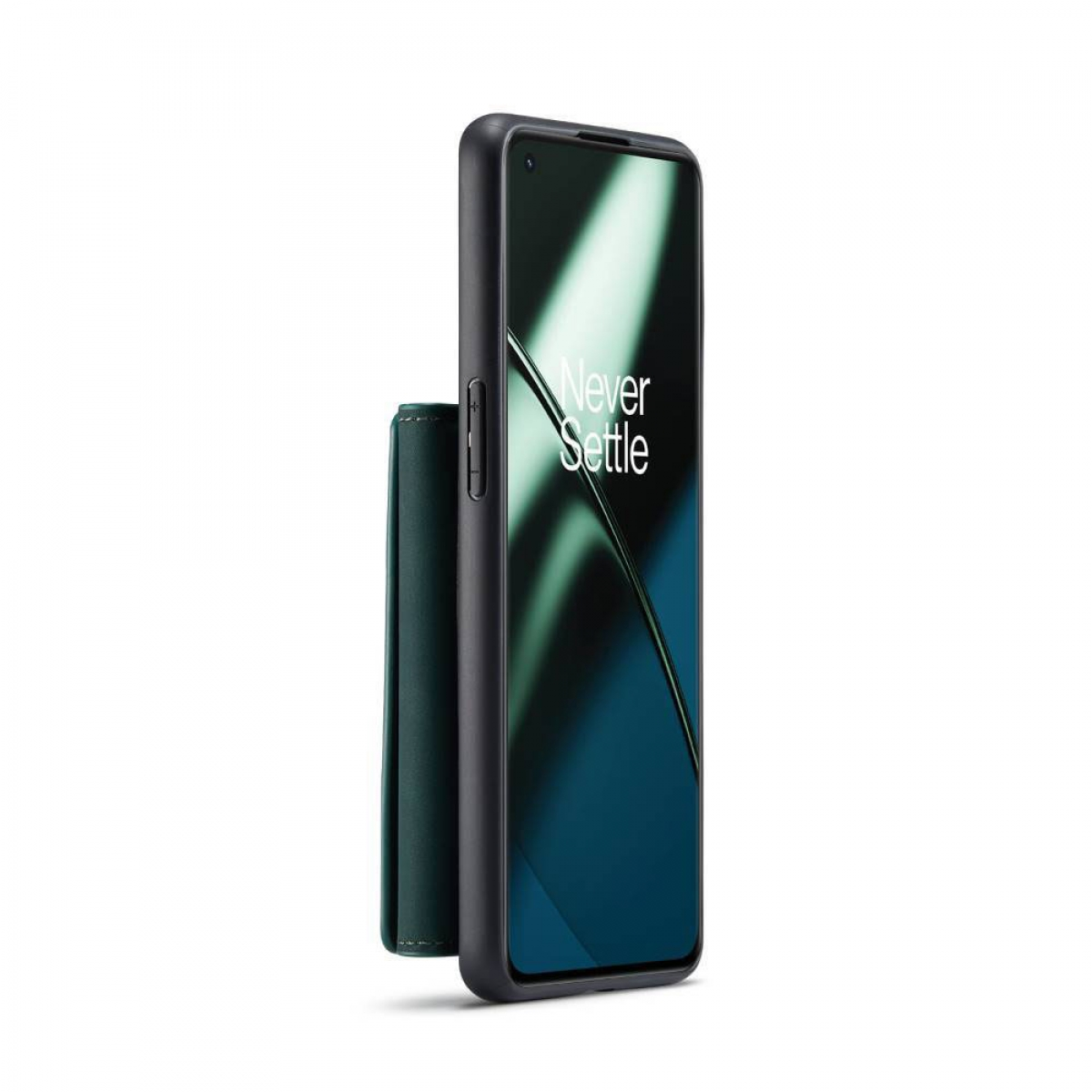 Schwarze Handyhülle mit einem Telefon darin. Das Telefon hat einen Bildschirm mit dem Text 'Never Settle'.
