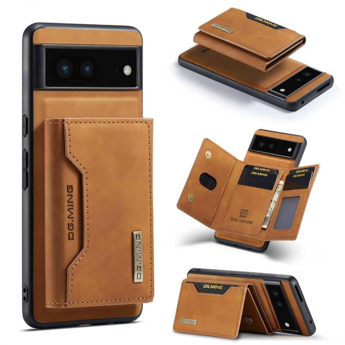 Eine braune Handyhülle mit Portemonnaie, zeigt Telefon und Karten, mit DG.MING Logo.