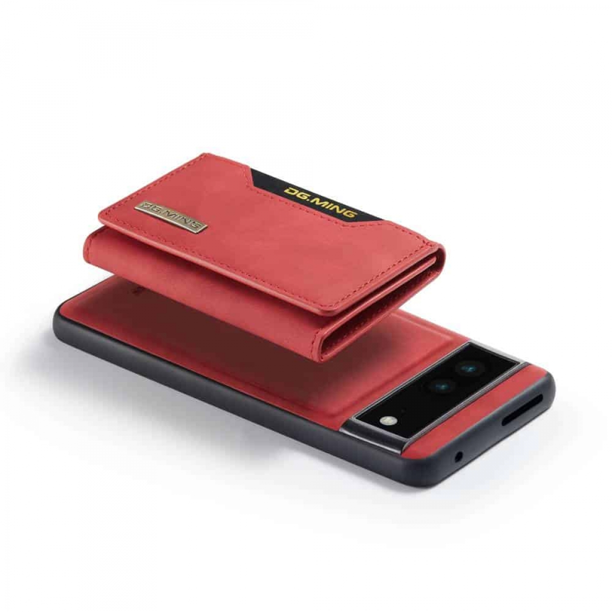 Eine rote Leder-Handyhülle mit einem Geldbörsenbereich, offen auf einem schwarzen Telefon.