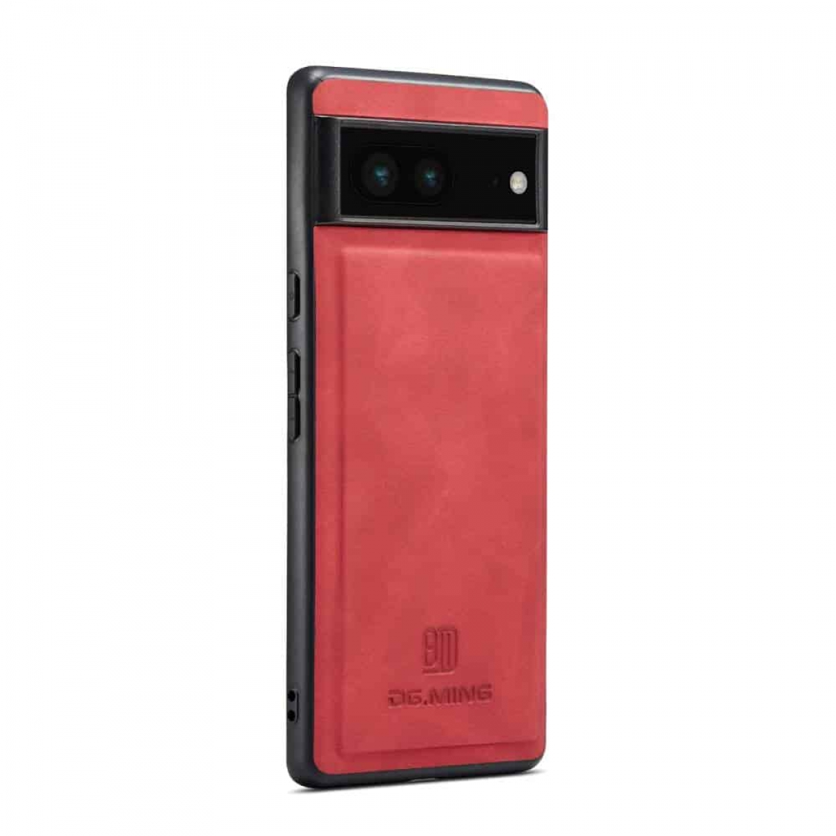 Rote Leder-Handyhülle mit schwarzem Rahmen, zeigt die Kamera des Telefons.