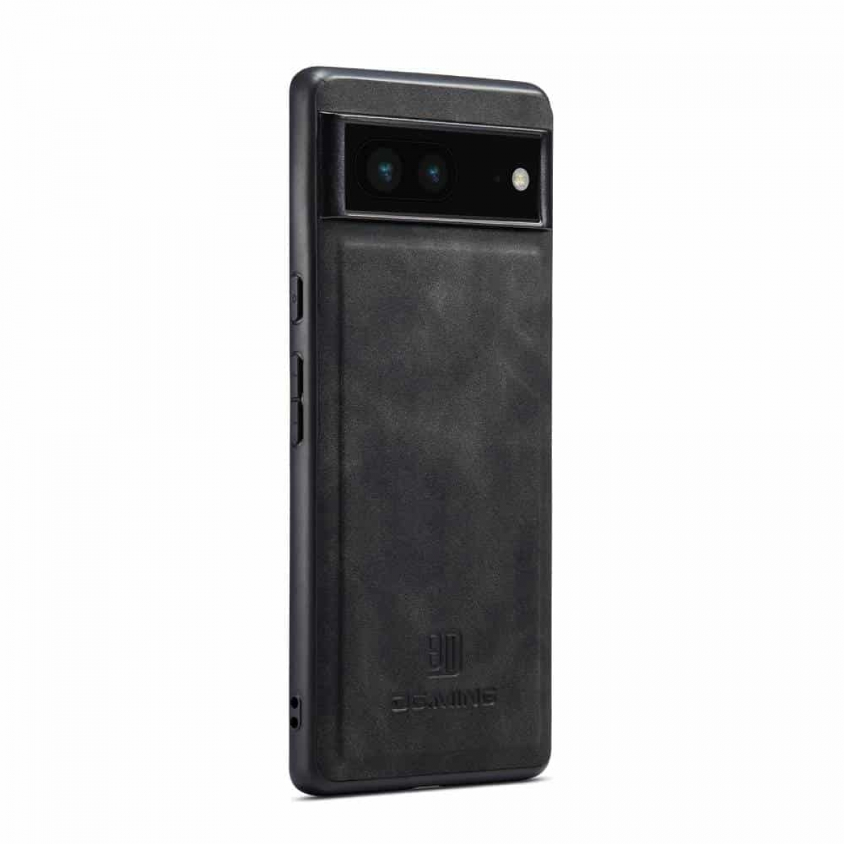 Schwarze Handyhülle mit Lederstruktur, entworfen für ein Google Pixel-Handy. Seitentasten sind sichtbar.