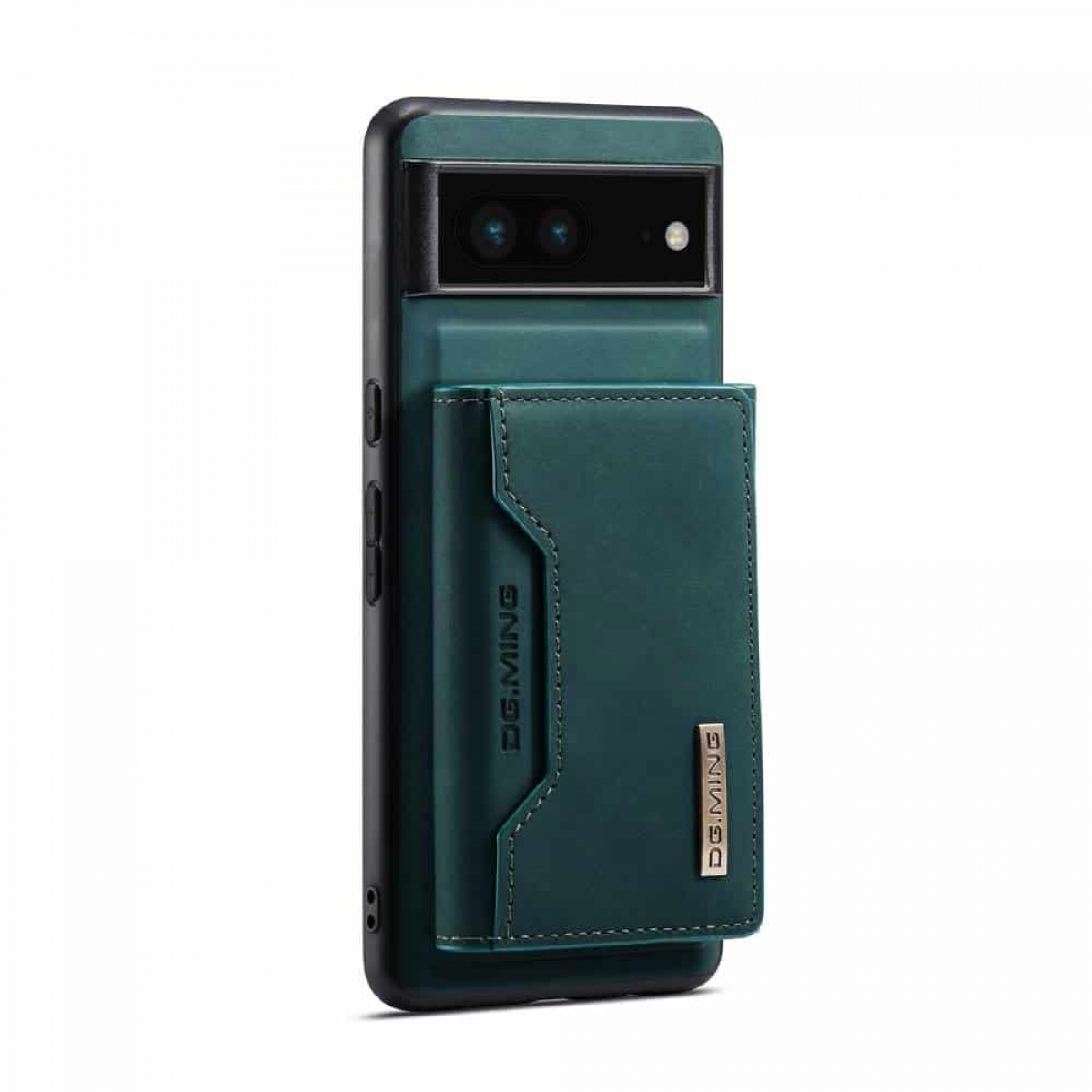 Eine tealfarbene Handyhülle mit Kartenhalter an einem schwarzen Telefon. Auf der Hülle steht DG.MING.