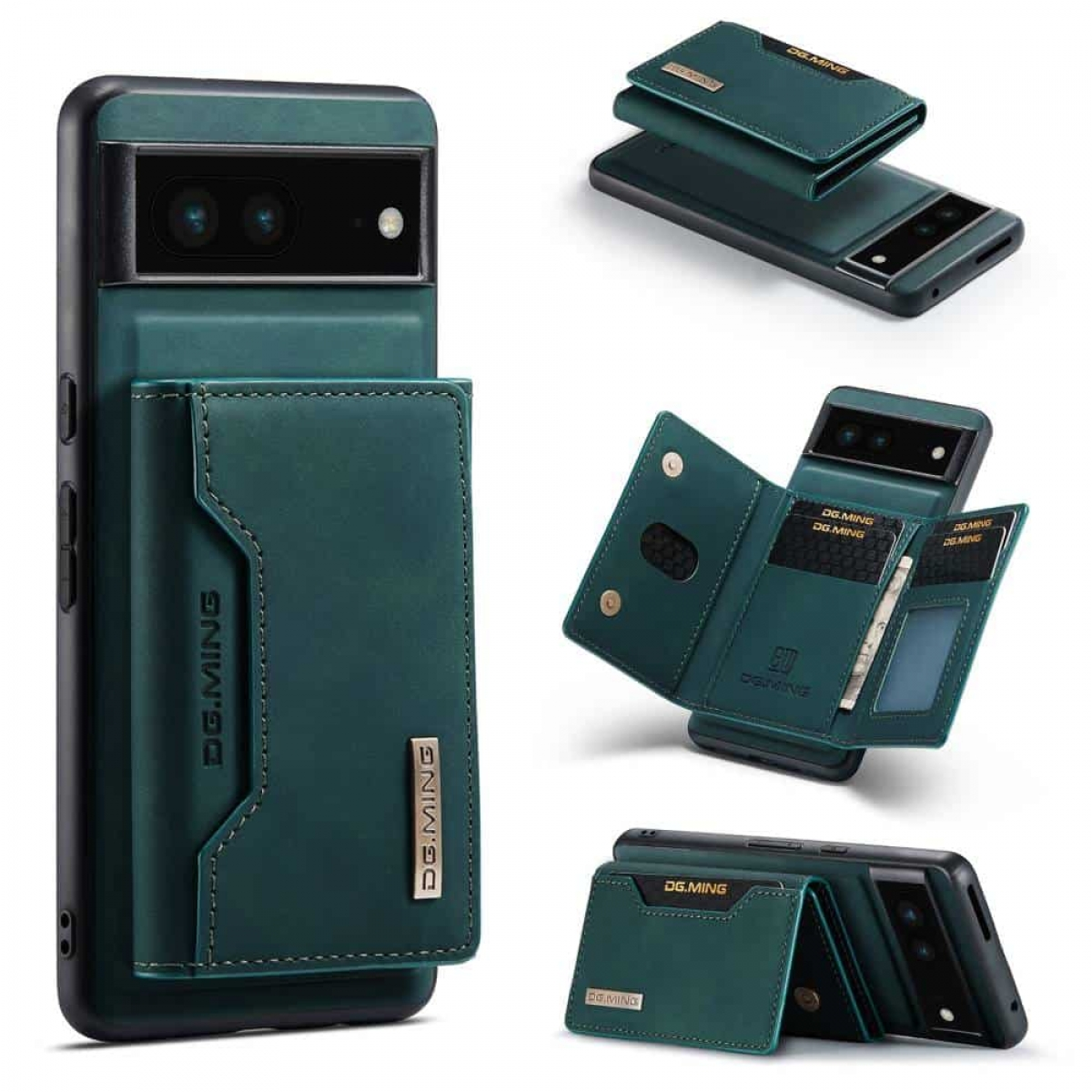 Grüne Handyhülle mit Brieftaschenfunktion. Hülle hat Kartenfächer und Magnetverschluss.